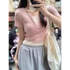 Pink V-neck off-the-shoulder T-shirt for women, short sleeve, new spring and summer style, two-piece design, slim and short, pure and sensual Specification image